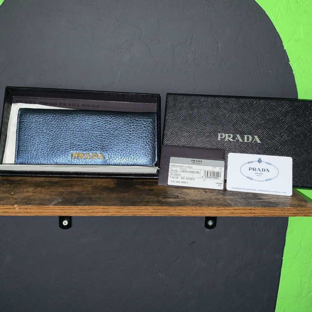 Prada Metallic Blue Vitello Daino Denim Mordore Wallet